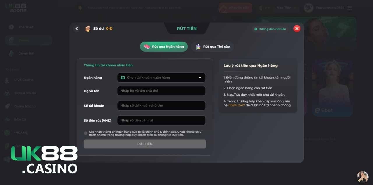 Phương thức rút tiền UK88 qua liên kết ngân hàng